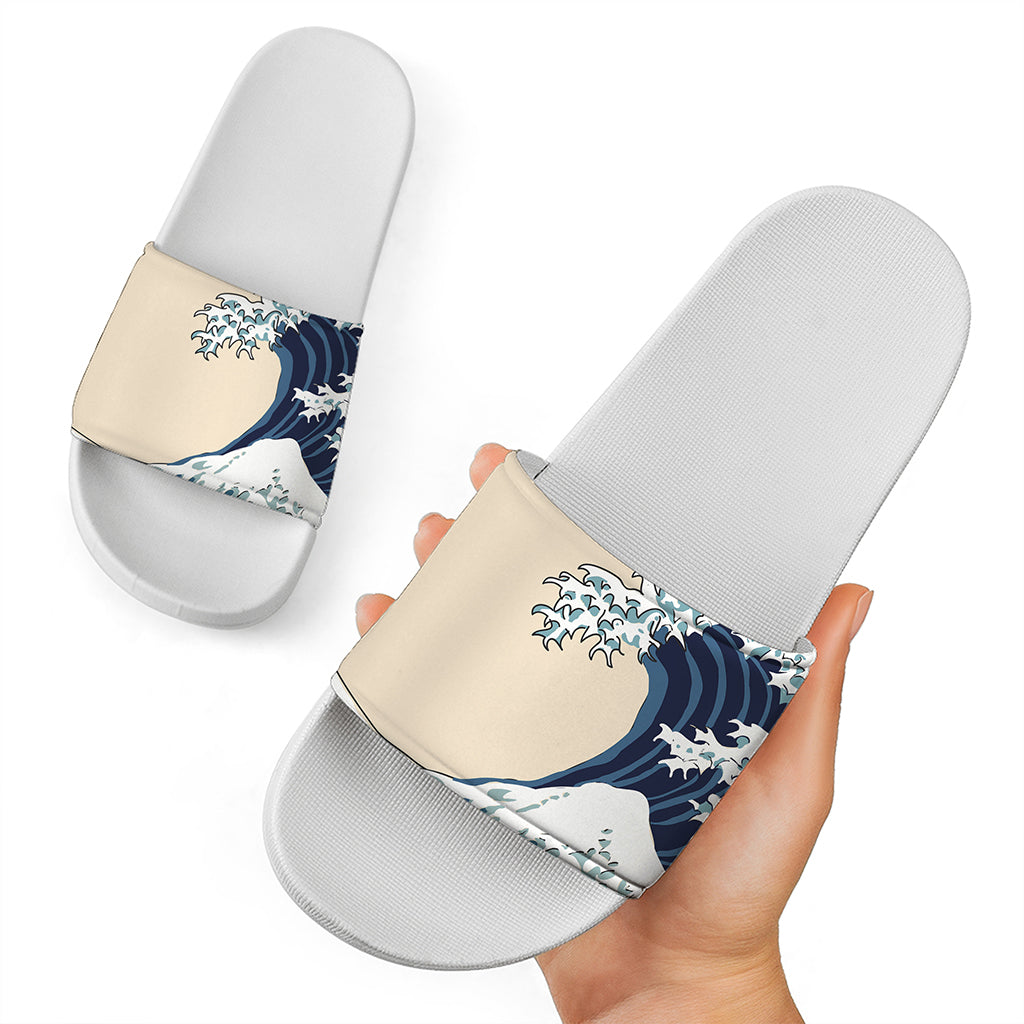 Japanese Ocean Wave Print White Slide Sandals