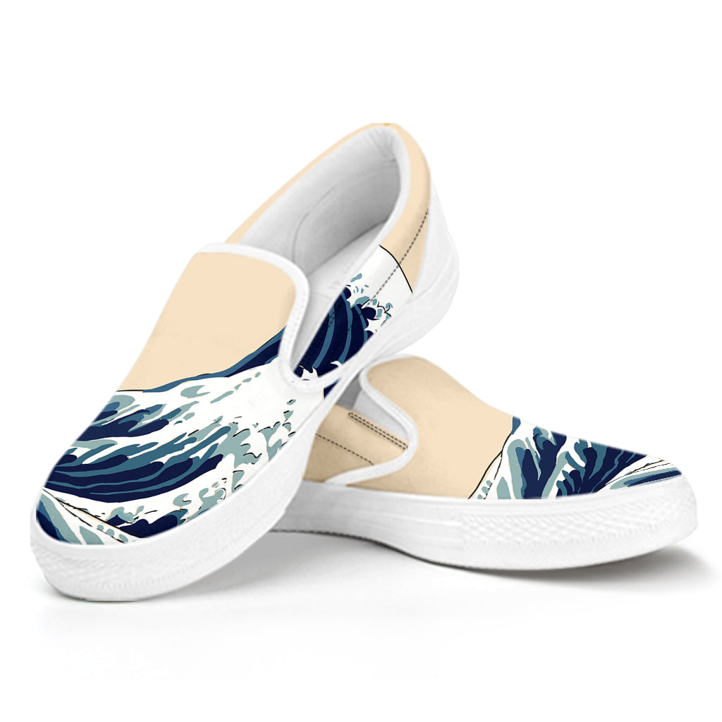 Japanese Ocean Wave Print White Slip On Shoes