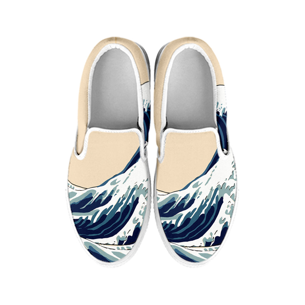 Japanese Ocean Wave Print White Slip On Shoes