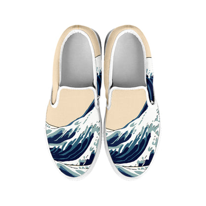 Japanese Ocean Wave Print White Slip On Shoes