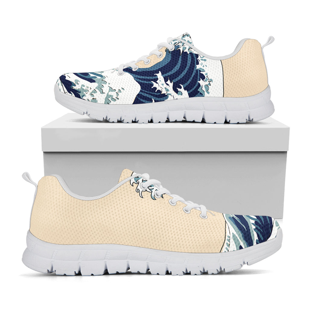Japanese Ocean Wave Print White Sneakers