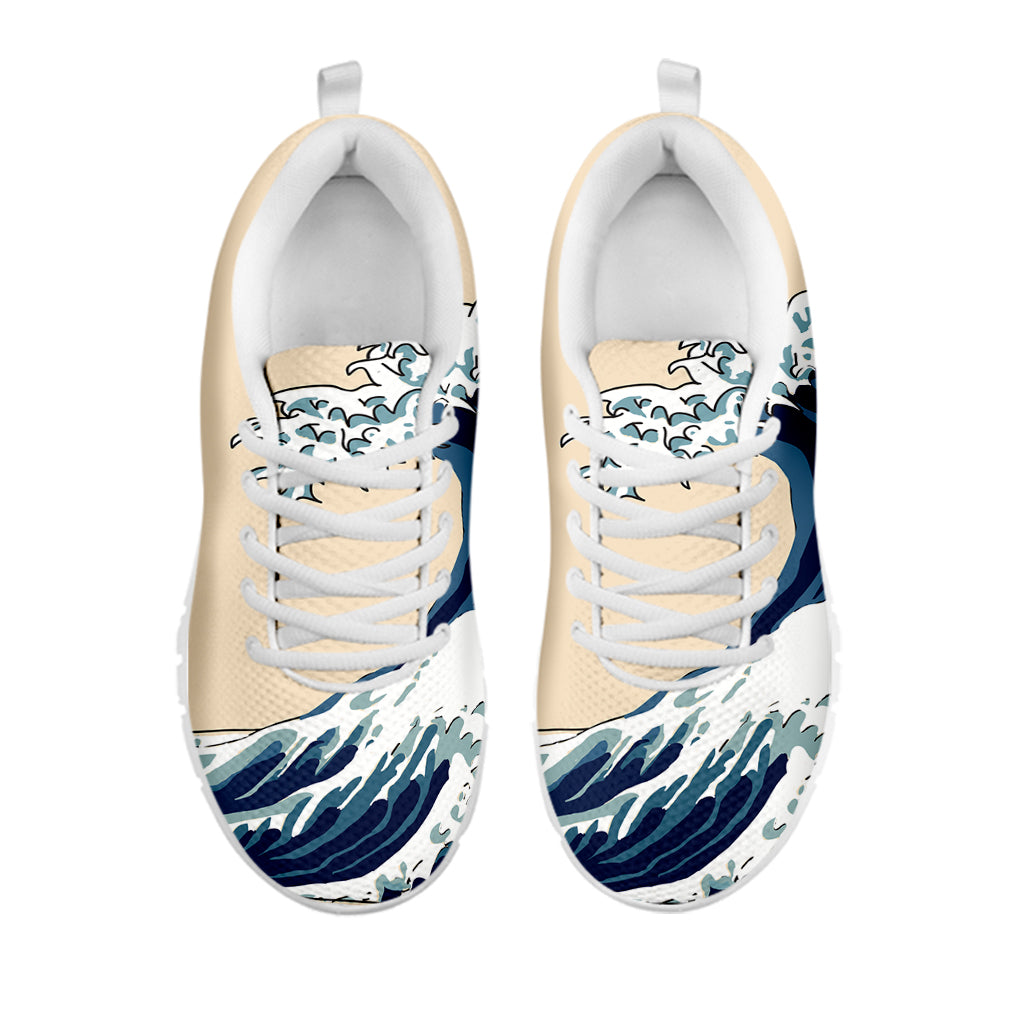 Japanese Ocean Wave Print White Sneakers