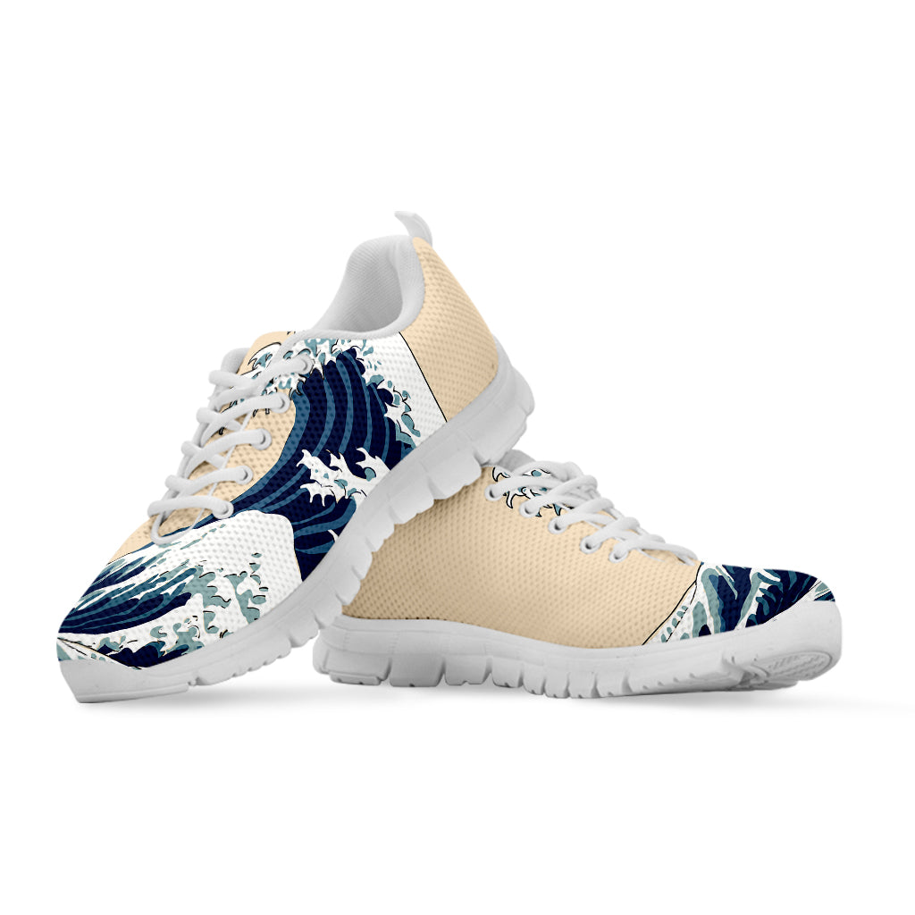Japanese Ocean Wave Print White Sneakers