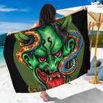 Japanese Oni Demon With Snake Print Beach Sarong Wrap