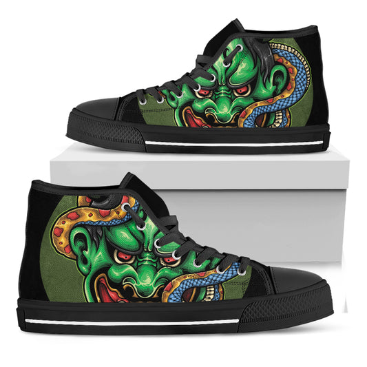Japanese Oni Demon With Snake Print Black High Top Shoes