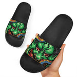 Japanese Oni Demon With Snake Print Black Slide Sandals