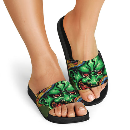 Japanese Oni Demon With Snake Print Black Slide Sandals