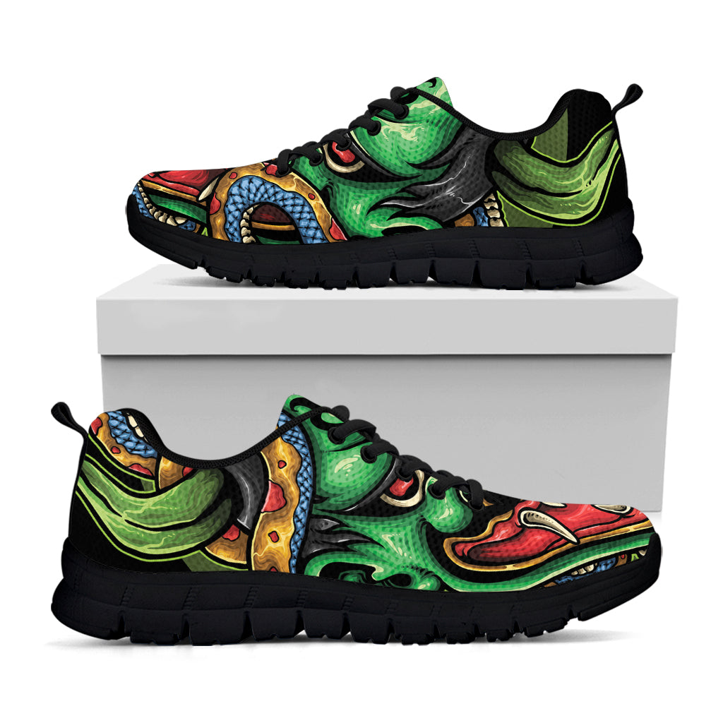 Japanese Oni Demon With Snake Print Black Sneakers