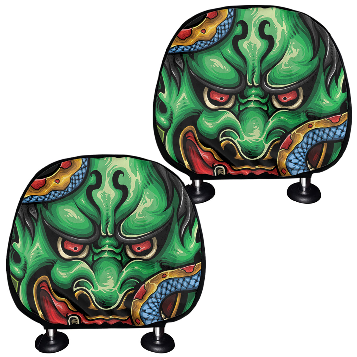 Japanese Oni Demon With Snake Print Car Headrest Covers