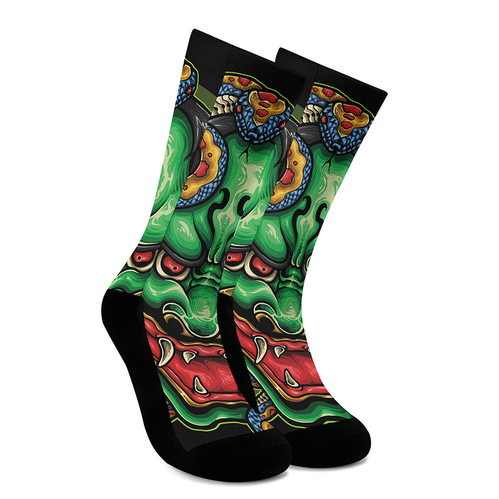 Japanese Oni Demon With Snake Print Crew Socks