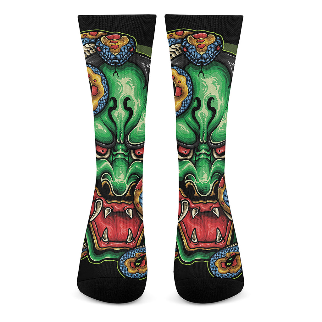 Japanese Oni Demon With Snake Print Crew Socks