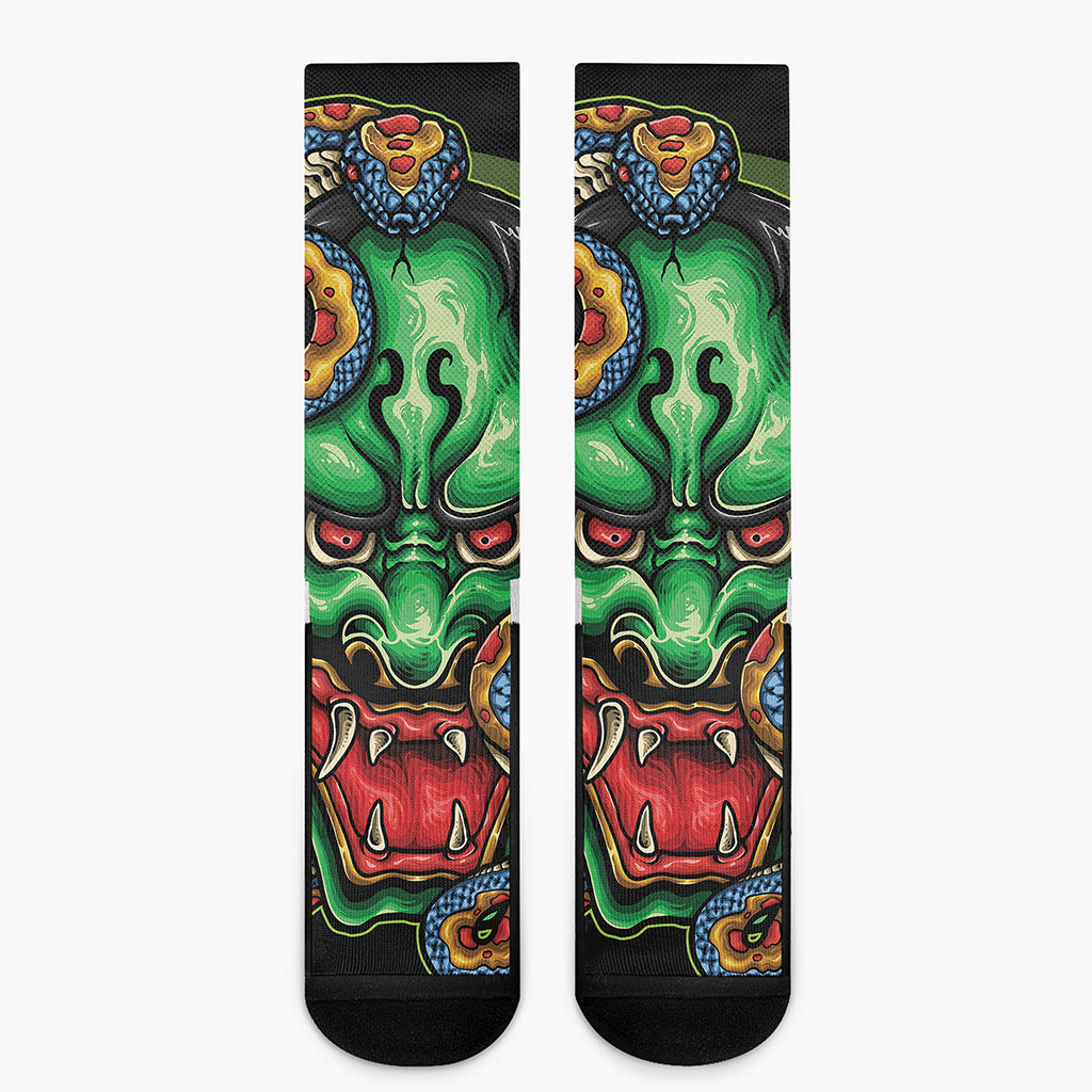 Japanese Oni Demon With Snake Print Crew Socks