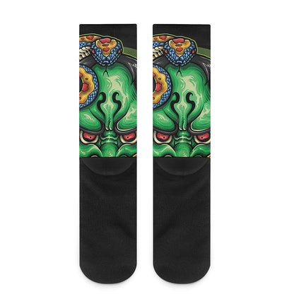 Japanese Oni Demon With Snake Print Crew Socks