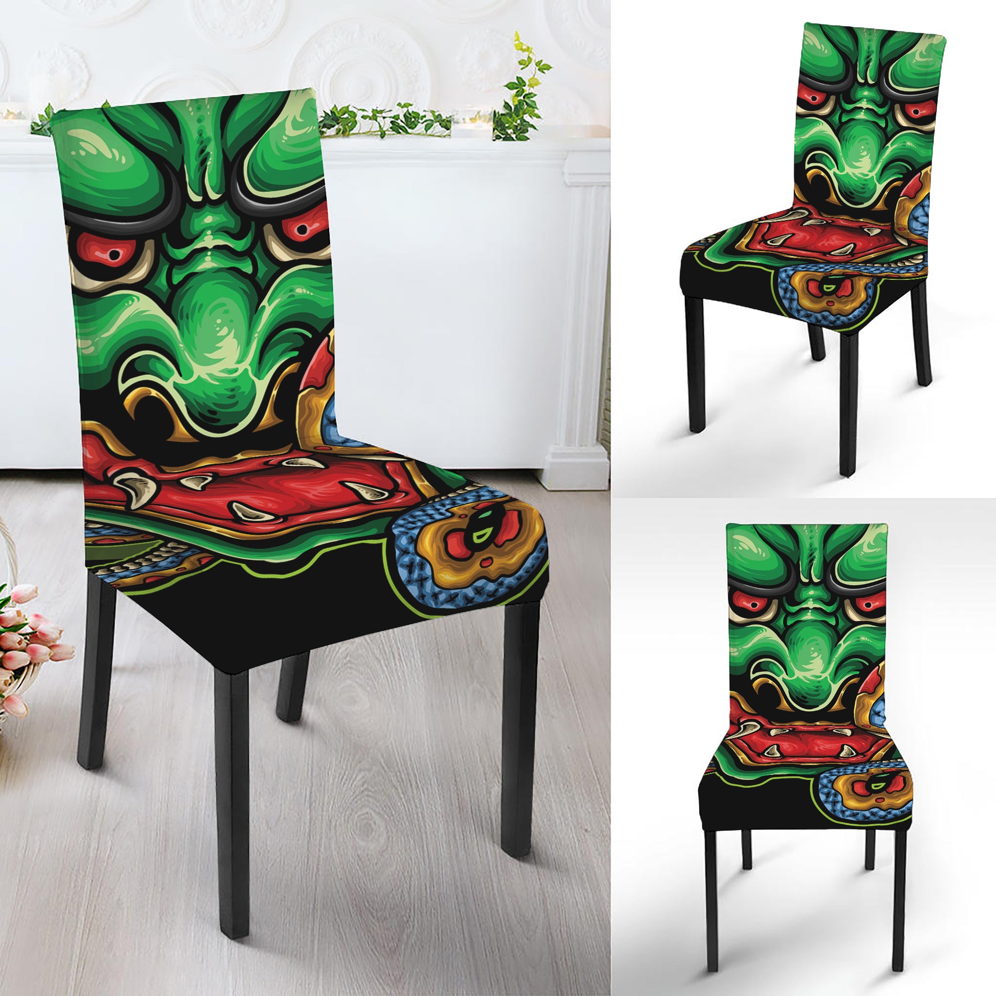 Japanese Oni Demon With Snake Print Dining Chair Slipcover