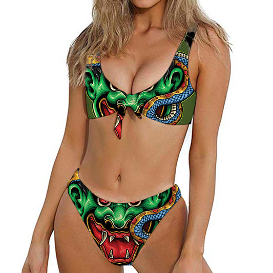 Japanese Oni Demon With Snake Print Front Bow Tie Bikini