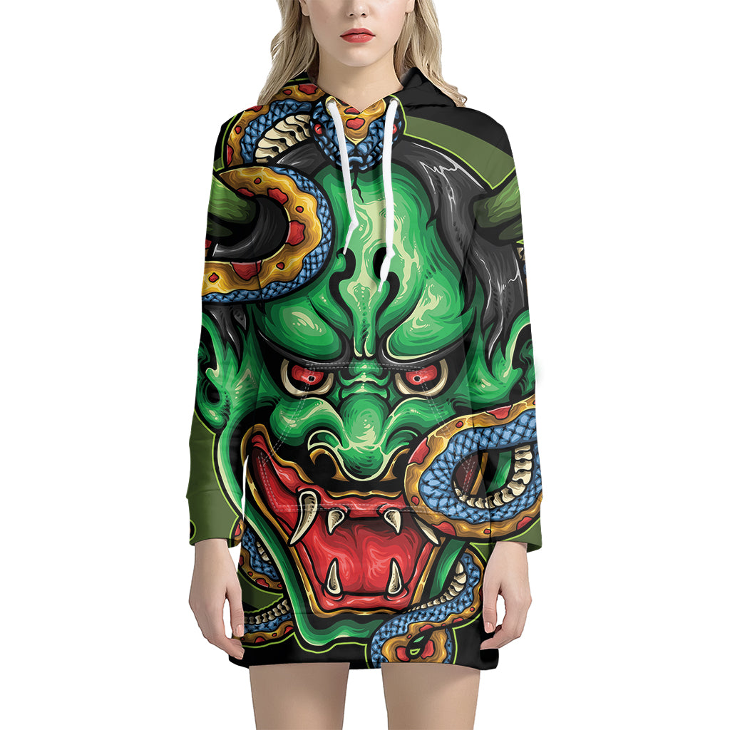 Japanese Oni Demon With Snake Print Pullover Hoodie Dress