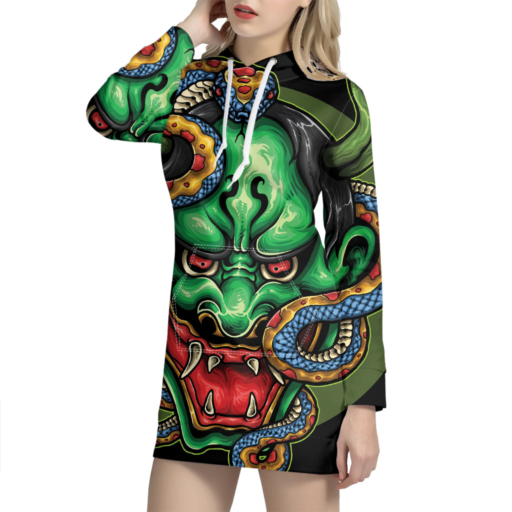 Japanese Oni Demon With Snake Print Pullover Hoodie Dress