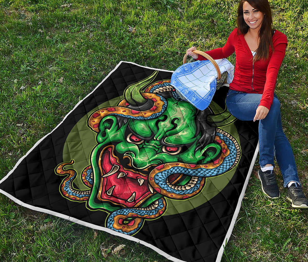 Japanese Oni Demon With Snake Print Quilt