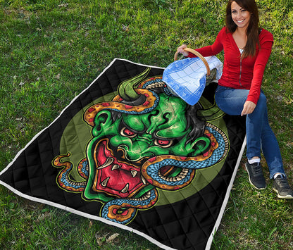 Japanese Oni Demon With Snake Print Quilt