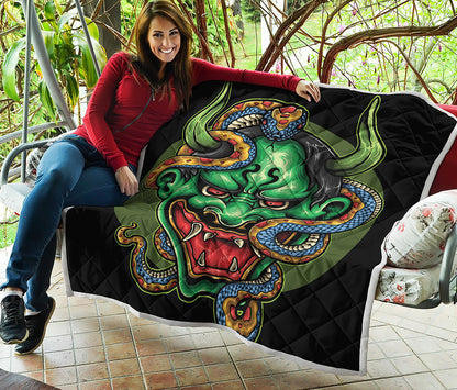 Japanese Oni Demon With Snake Print Quilt