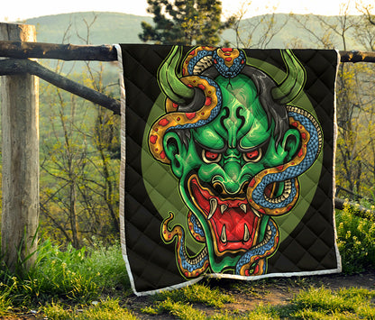 Japanese Oni Demon With Snake Print Quilt