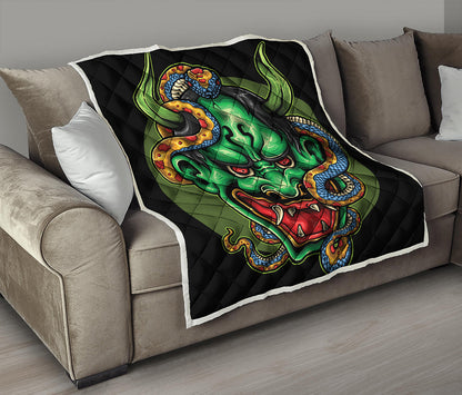 Japanese Oni Demon With Snake Print Quilt