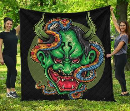 Japanese Oni Demon With Snake Print Quilt