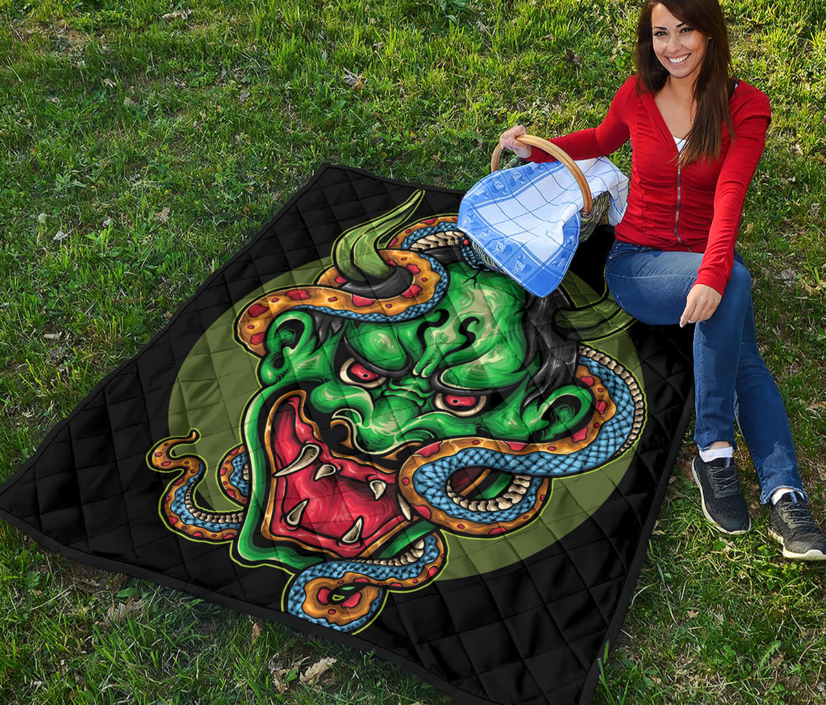 Japanese Oni Demon With Snake Print Quilt