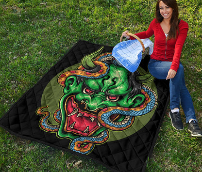 Japanese Oni Demon With Snake Print Quilt