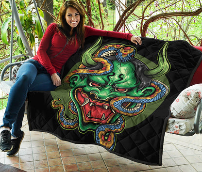 Japanese Oni Demon With Snake Print Quilt