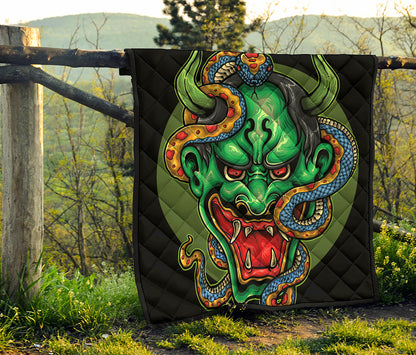 Japanese Oni Demon With Snake Print Quilt