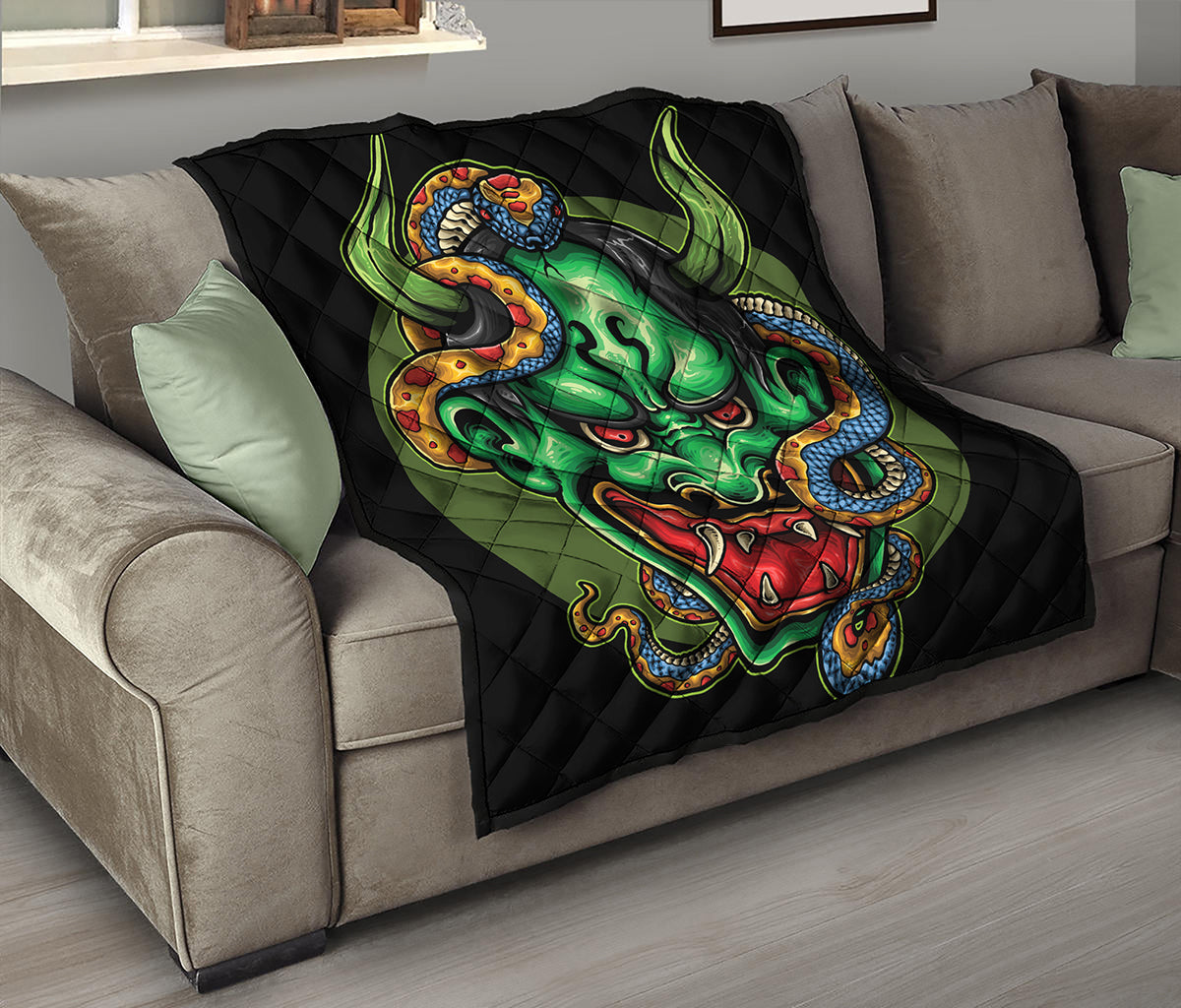 Japanese Oni Demon With Snake Print Quilt