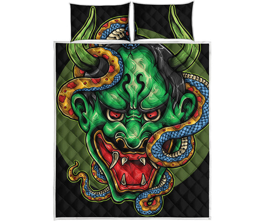 Japanese Oni Demon With Snake Print Quilt Bed Set