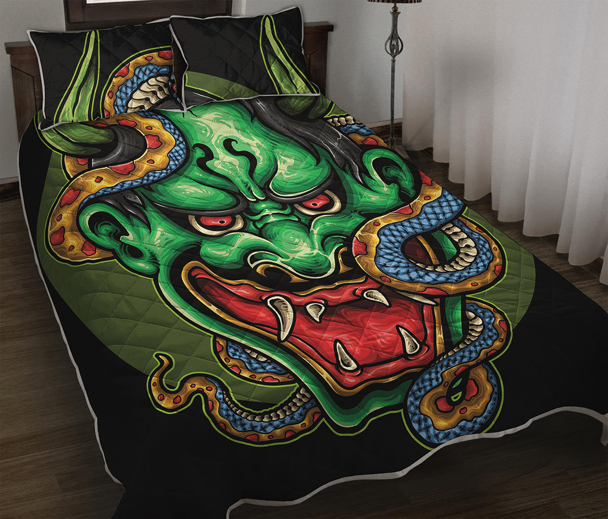 Japanese Oni Demon With Snake Print Quilt Bed Set