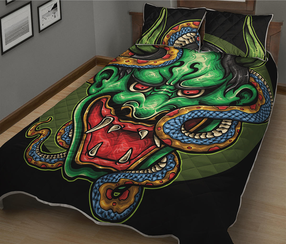 Japanese Oni Demon With Snake Print Quilt Bed Set