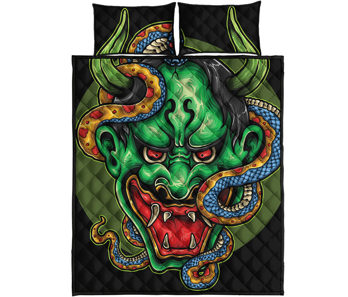 Japanese Oni Demon With Snake Print Quilt Bed Set