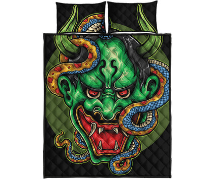 Japanese Oni Demon With Snake Print Quilt Bed Set