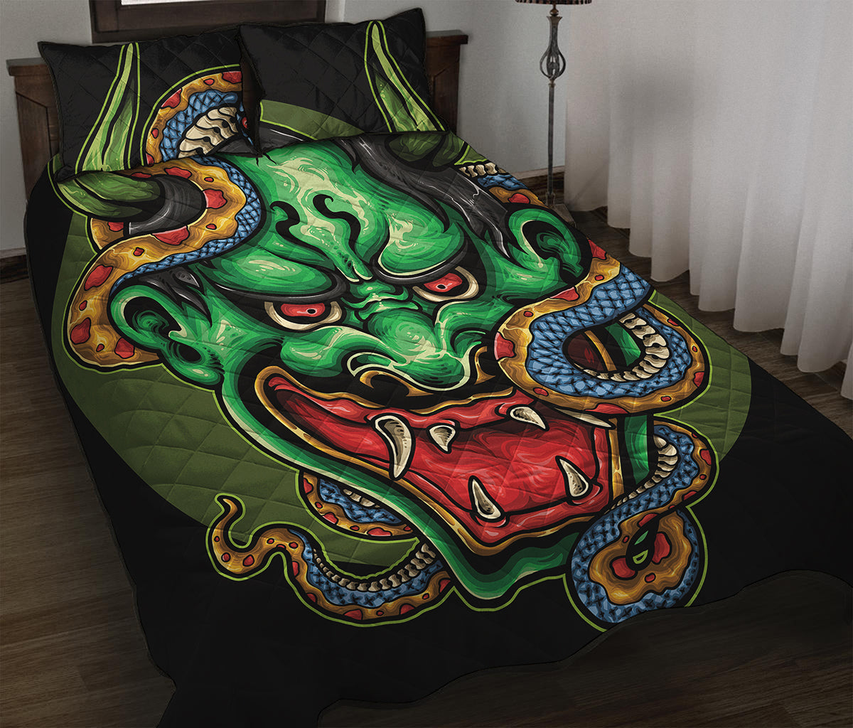 Japanese Oni Demon With Snake Print Quilt Bed Set