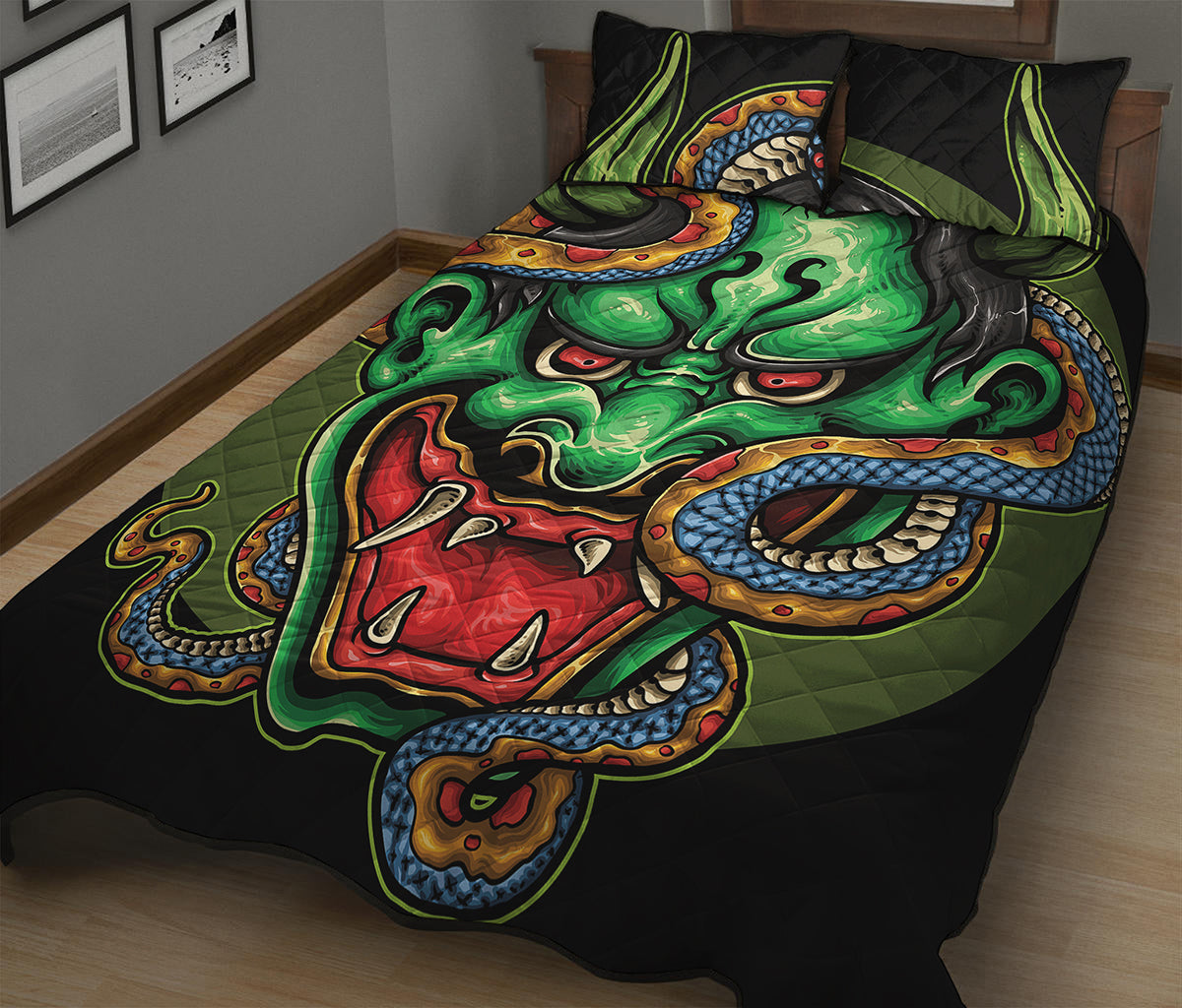 Japanese Oni Demon With Snake Print Quilt Bed Set