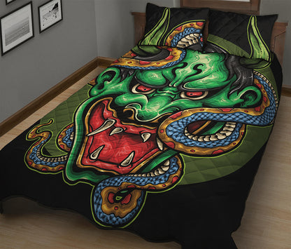 Japanese Oni Demon With Snake Print Quilt Bed Set