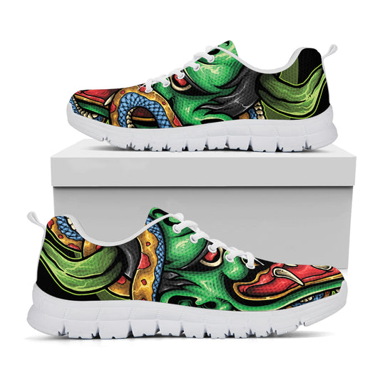 Japanese Oni Demon With Snake Print White Sneakers