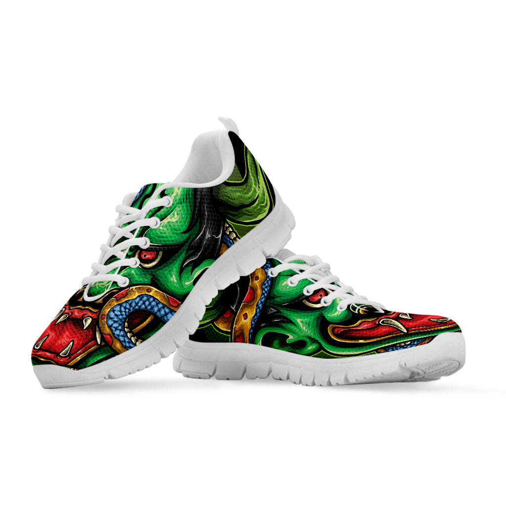 Japanese Oni Demon With Snake Print White Sneakers