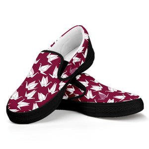 Japanese Origami Crane Pattern Print Black Slip On Shoes