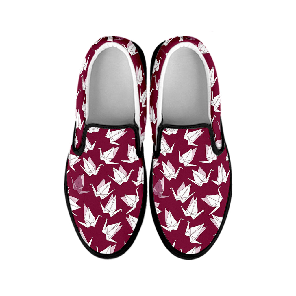 Japanese Origami Crane Pattern Print Black Slip On Shoes