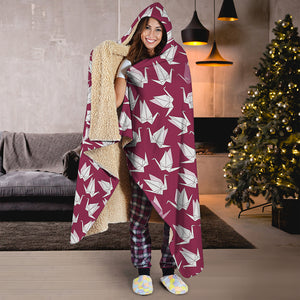 Japanese Origami Crane Pattern Print Hooded Blanket