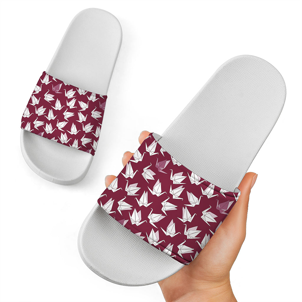 Japanese Origami Crane Pattern Print White Slide Sandals