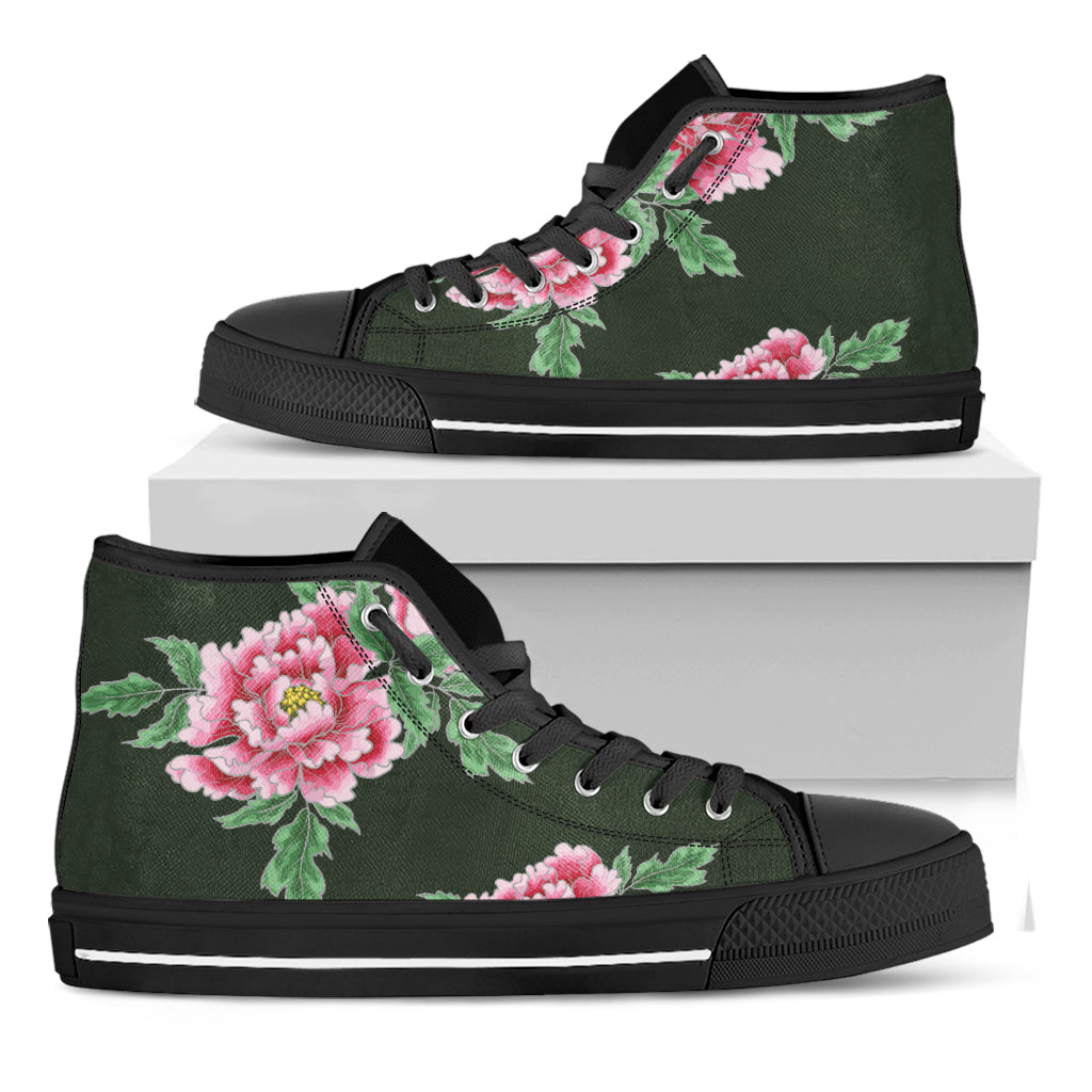 Japanese Peony Print Black High Top Shoes
