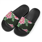 Japanese Peony Print Black Slide Sandals