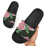 Japanese Peony Print Black Slide Sandals