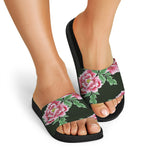Japanese Peony Print Black Slide Sandals